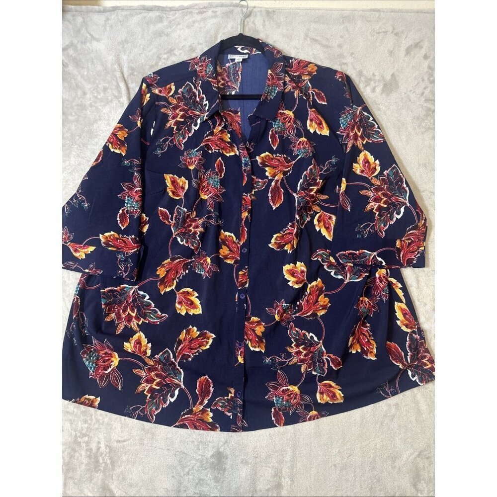 Catherines 3X Blouse Navy Multicolor Leaf Print Stretch Button Front 3/4 Sleeve - Picture 5 of 10